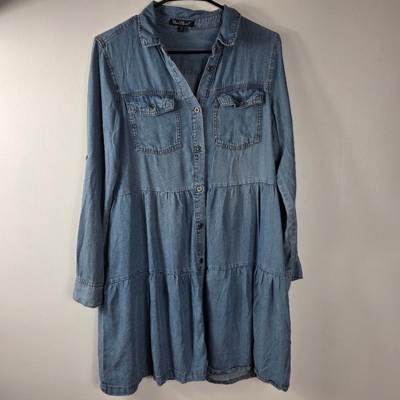 Velvet Heart Denim Tiered Button Front Dress Sz S Long Sleeve Pockets Blue - Picture 2 of 6